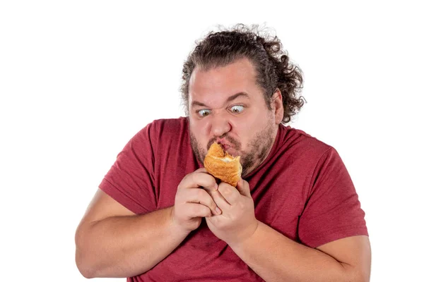 Grappige Dikke Man Eten Croissant — Stockfoto