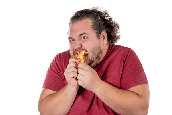 Funny Fat Man Eating Croissant — Stock Photo, Image
