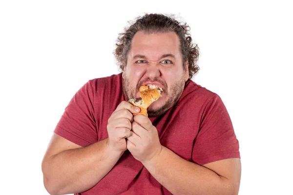 Hombre Gordo Divertido Comiendo Croissant — Foto de Stock