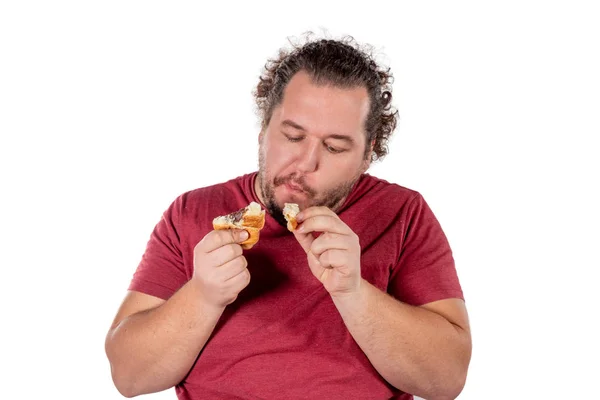 Hombre Gordo Divertido Comiendo Croissant — Foto de Stock