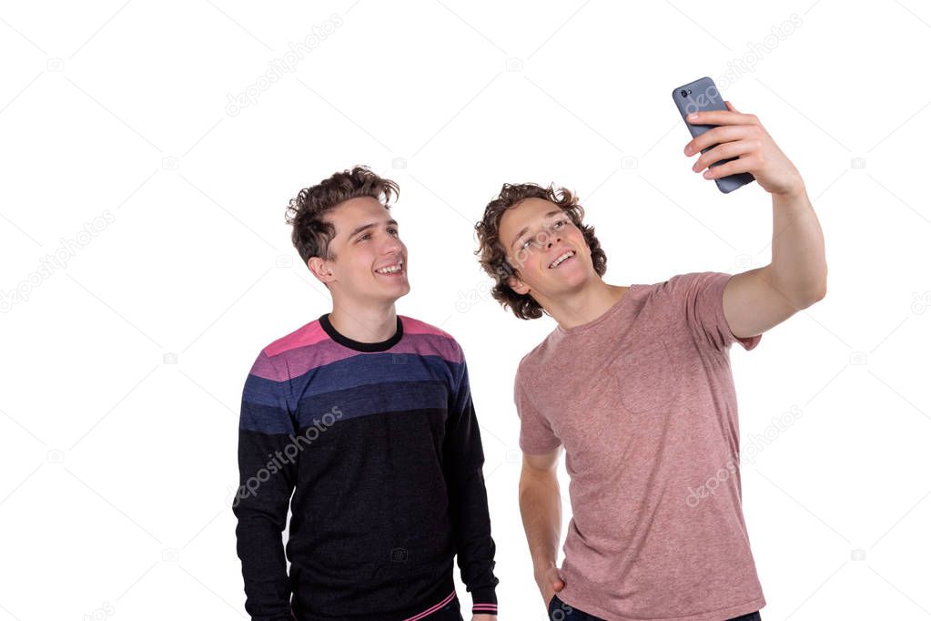 Two friends man take selfie isolated on white background