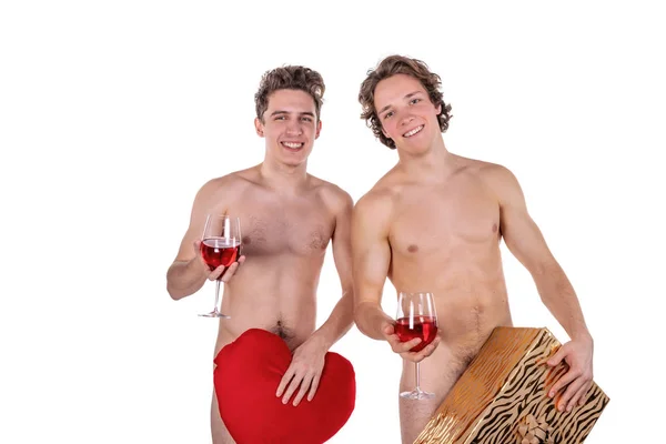 Komik Çıplak Adam Kırmızı Şarap Kalple Beyaz Bardaklar Tutuyor — Stok fotoğraf