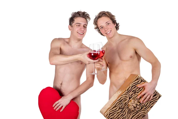 二つの面白いです裸男保持眼鏡とともに赤ワインと心分離上の白 — ストック写真