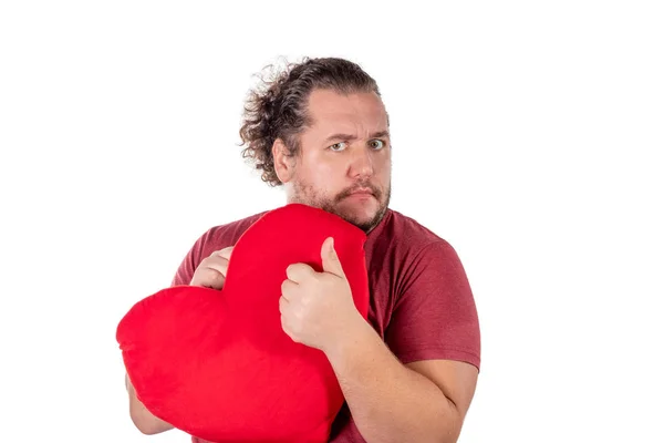 Una Toma Estudio Hombre Gordo Sosteniendo Una Almohada Roja Forma — Foto de Stock