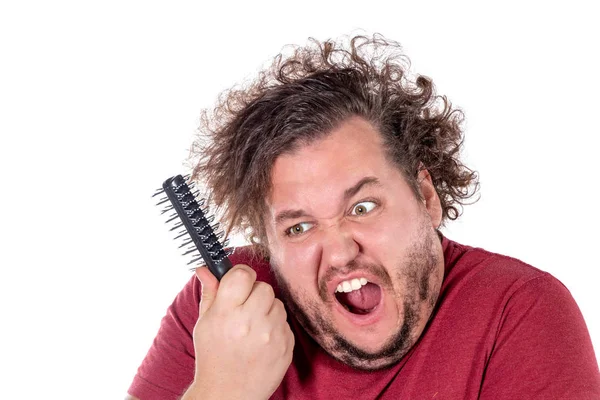 Közelről Kövér Ember Próbál Hoz Fésű Kusza Haszontalan Haját Egy — Stock Fotó