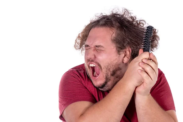 Close Portrait Fat Man Tries Comb His Tangled Naughty Hair — Stock Photo, Image