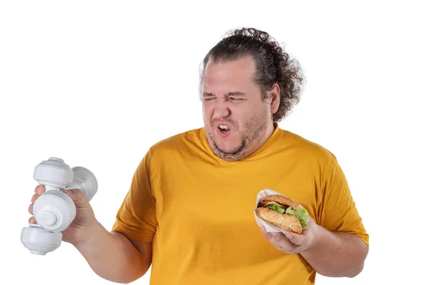 Vicces Kövér Ember Egészségtelen Ételt Eszik Kipróbálás Hoz Fog Elszigetelt — Stock Fotó