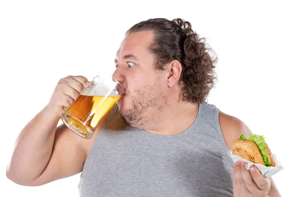 Hamburger Yeme Içme Alkol Içecek Komik Şişman Adam — Stok fotoğraf