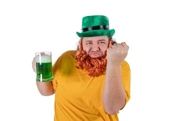 Leende Glada Fet Man Leprechaun Hatt Med Grön Han Firar — Stockfoto