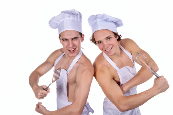 Knappe Sexy Chef Kok Met Schort Naakte Gespierd Lichaam — Stockfoto