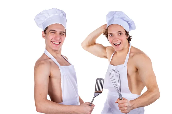 Hübsche Sexy Koch Mit Schürze Auf Nackten Muskulösen Körper — Stockfoto