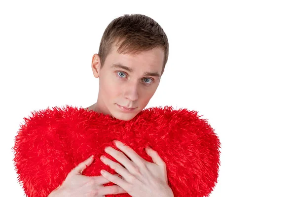 Pohledný Chlap Drží Velké Červené Srdce Bílém Podkladu Láska Romantické — Stock fotografie