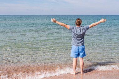 Sahilde bir t-shirt genç adam ve denize bakıyor, arka görünüm