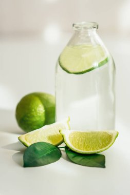 su şişesi kireç, dilimlenmiş limon ve yaprakları 