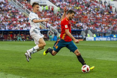 Moskova, Rusya - Haziran, 2018: FIFA Dünya Kupası oyun maç sırasında vurdu. Gün zaman atış