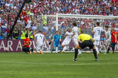 Moskova, Rusya - Haziran, 2018: FIFA Dünya Kupası oyun maç sırasında vurdu. Gün zaman atış