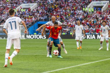 Moskova, Rusya - Haziran, 2018: FIFA Dünya Kupası oyun maç sırasında vurdu. Gün zaman atış