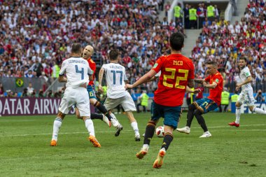 Moskova, Rusya - Haziran, 2018: FIFA Dünya Kupası oyun maç sırasında vurdu. Gün zaman atış