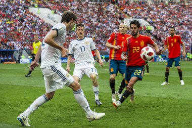 Moskova, Rusya - Haziran, 2018: FIFA Dünya Kupası oyun maç sırasında vurdu. Gün zaman atış