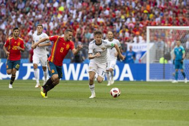Moskova, Rusya - Haziran, 2018: FIFA Dünya Kupası oyun maç sırasında vurdu. Gün zaman atış