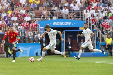 Moskova, Rusya - Haziran, 2018: FIFA Dünya Kupası oyun maç sırasında vurdu. Gün zaman atış