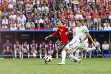 Moskova, Rusya - Haziran, 2018: FIFA Dünya Kupası oyun maç sırasında vurdu. Gün zaman atış