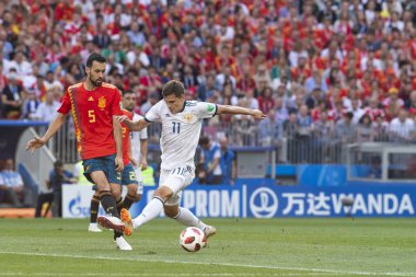 Moskova, Rusya - Haziran, 2018: FIFA Dünya Kupası oyun maç sırasında vurdu. Gün zaman atış