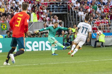 Moskova, Rusya - Haziran, 2018: FIFA Dünya Kupası oyun maç sırasında vurdu. Gün zaman atış