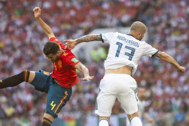 Moskova, Rusya - Haziran, 2018: FIFA Dünya Kupası oyun maç sırasında vurdu. Gün zaman atış