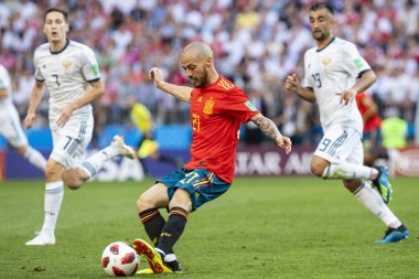 Moskova, Rusya - Haziran, 2018: FIFA Dünya Kupası oyun maç sırasında vurdu. Gün zaman atış