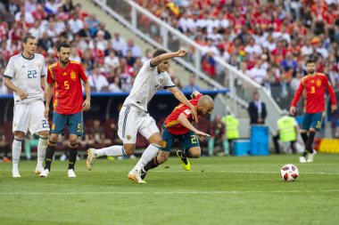 Moskova, Rusya - Haziran, 2018: FIFA Dünya Kupası oyun maç sırasında vurdu. Gün zaman atış