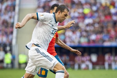 Moskova, Rusya - Haziran, 2018: FIFA Dünya Kupası oyun maç sırasında vurdu. Gün zaman atış