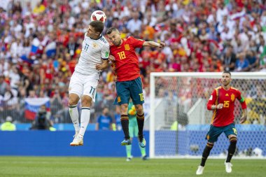Moskova, Rusya - Haziran, 2018: FIFA Dünya Kupası oyun maç sırasında vurdu. Gün zaman atış