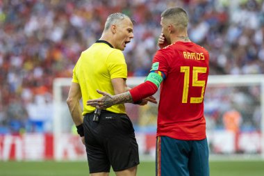 Moskova, Rusya - Haziran, 2018: FIFA Dünya Kupası oyun maç sırasında vurdu. Gün zaman atış