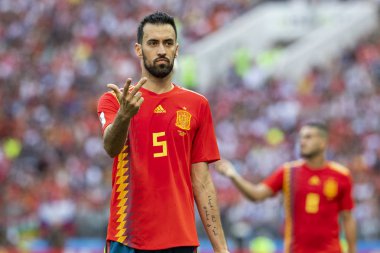 Moskova, Rusya - Haziran, 2018: FIFA Dünya Kupası oyun maç sırasında vurdu. Gün zaman atış