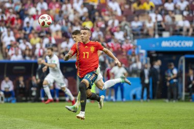 Moskova, Rusya - Haziran, 2018: FIFA Dünya Kupası oyun maç sırasında vurdu. Gün zaman atış