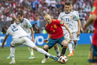 Moskova, Rusya - Haziran, 2018: FIFA Dünya Kupası oyun maç sırasında vurdu. Gün zaman atış