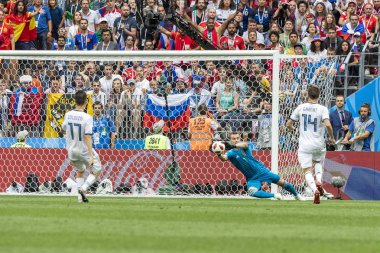 Moskova, Rusya - Haziran, 2018: FIFA Dünya Kupası oyun maç sırasında vurdu. Gün zaman atış