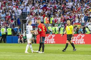 Moskova, Rusya - Haziran, 2018: FIFA Dünya Kupası oyun maç sırasında vurdu. Gün zaman atış