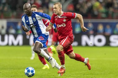 Moskova, Rusya -, 24.10.2018: Uefa Şampiyonlar Ligi oyunu Rzd Arena, Lokomotiv (Moskova) Portu (Portu).