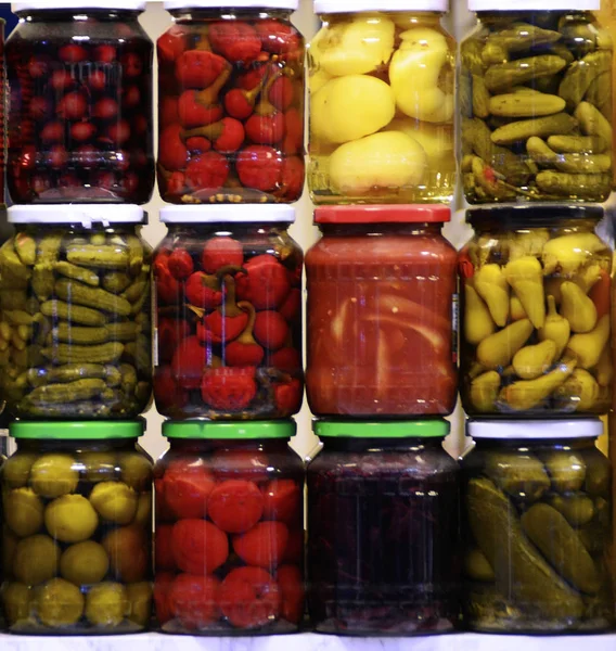 Pickled vegetables in jars in Budapest, Hungary