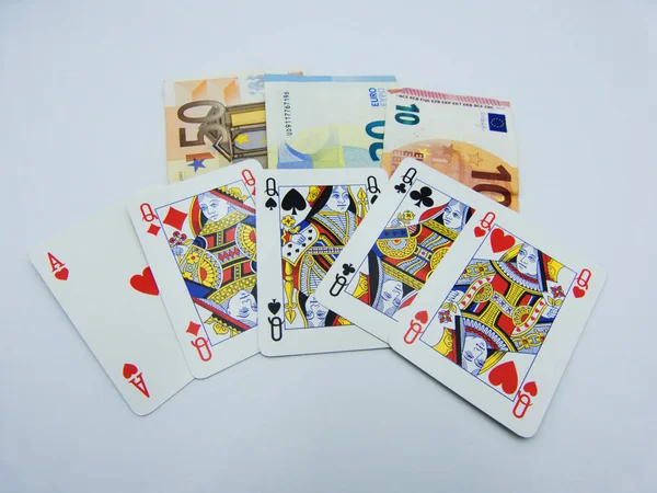 Покер Карты Деньги Концепция Выиграть Покер Картами Белый Фон — стоковое фото