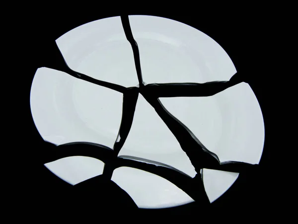 Broken Porcelain White Plate Black Background — Stock Photo, Image