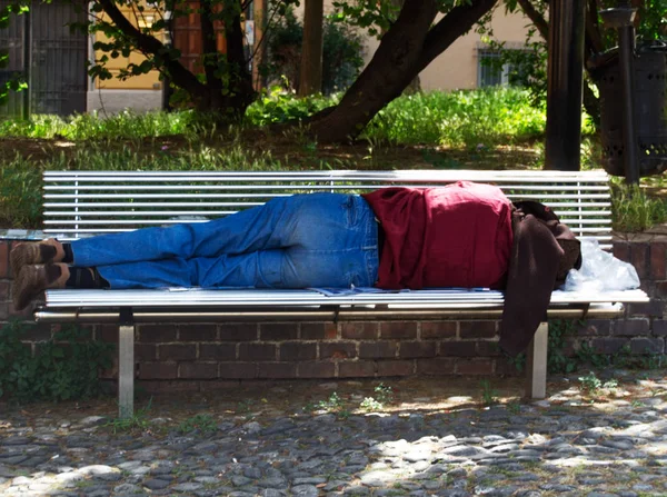 Man Sleeping Bench Park Bologna Italy Royalty Free Stock Images