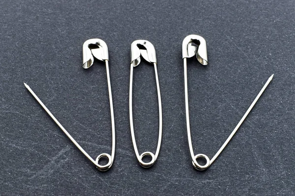 Safety Pin Open Closed Isolated Dark Background — Stock Photo, Image