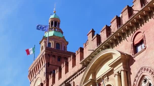 Italian Flag European Union Flag Fly Palazzo Accursio Bologna Town — Stock Video