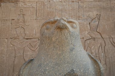 Edfu Tapınağı 'ndaki Antik Mısır şahin tanrısı Horus heykeli. Mısır