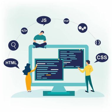 Küçük insanlar kodlama programcılar ve proje hatalarını düzeltme. Program kodu ile ekran. Vektör çizim düz çizgi film tarzı. Web afiş, infographics, kahraman görüntüleri için kullanabilirsiniz