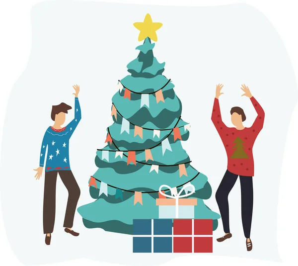 Vector illustrations in flat cartoon style. Friends dancing, chat with each other and celebrate New Year near Christmas Tree. Merry Christmas. Men in ugly sweater. — Stock Vector