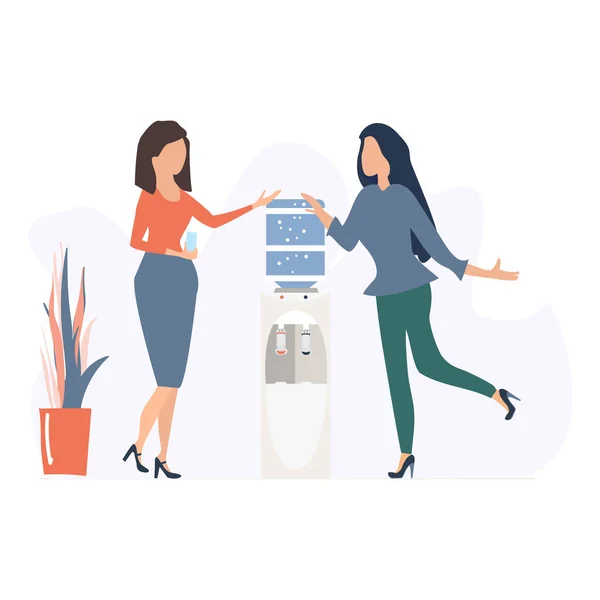 办公室冷却器聊天。两个女人在办公室的水冷却器附近聊天。平面卡通风格的商业理念. — 图库矢量图片